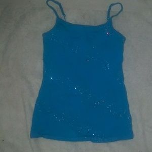 Teal sparkly tank top with shelf bra inside